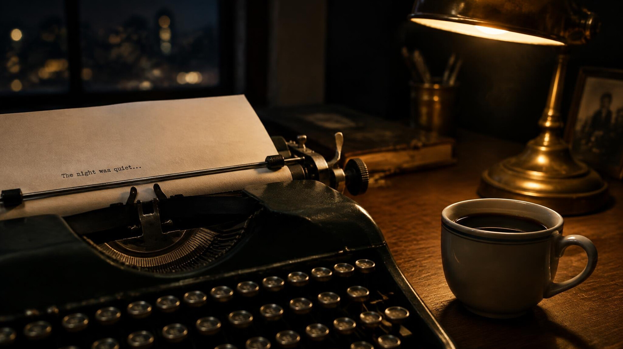 Vintage typewriter on a wooden desk lit by a warm lamp at night