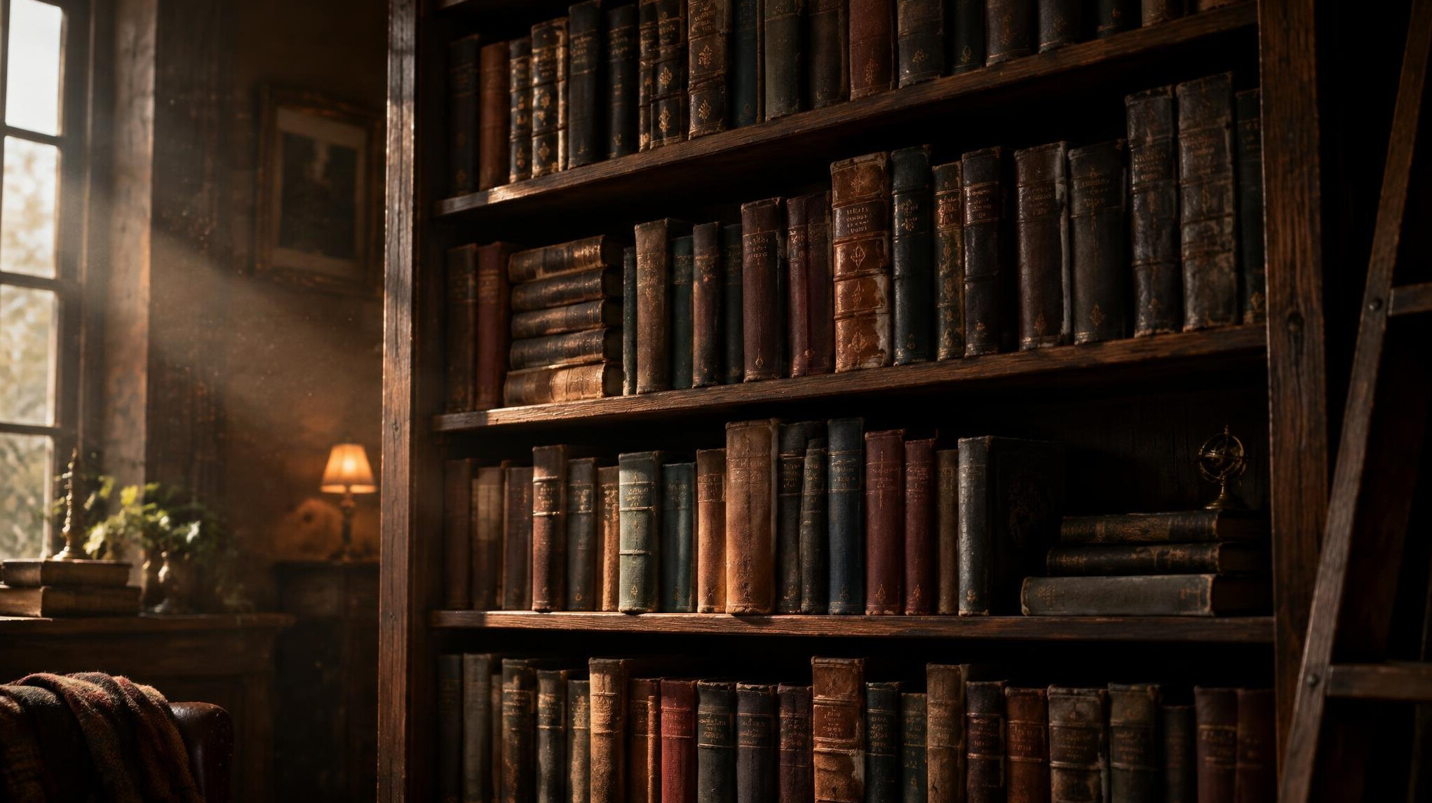 Old wooden bookshelf filled with worn hardcover novels in dim light