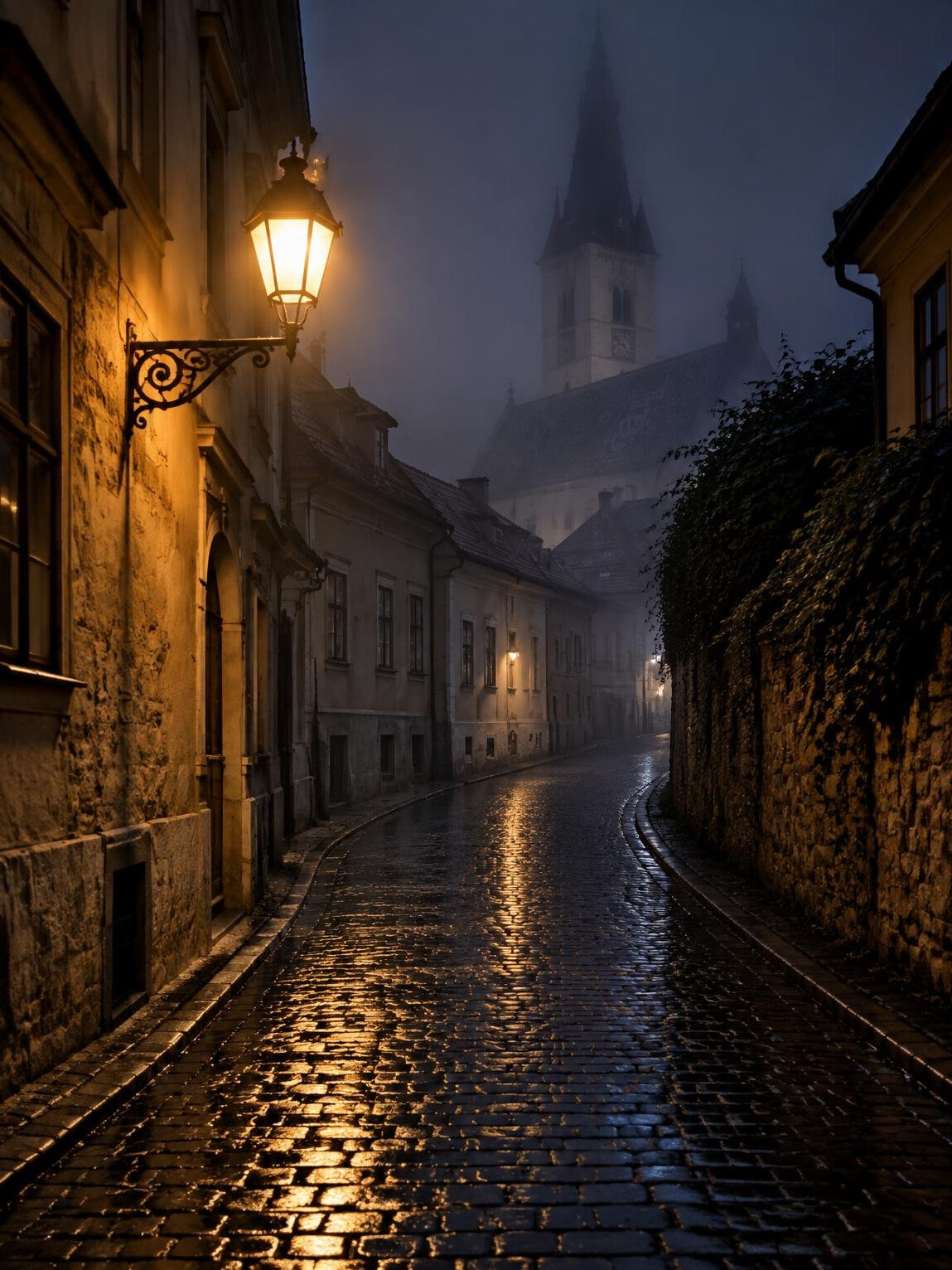 Foggy cobblestone street in the old town of Zagreb lit by a single street lamp at night