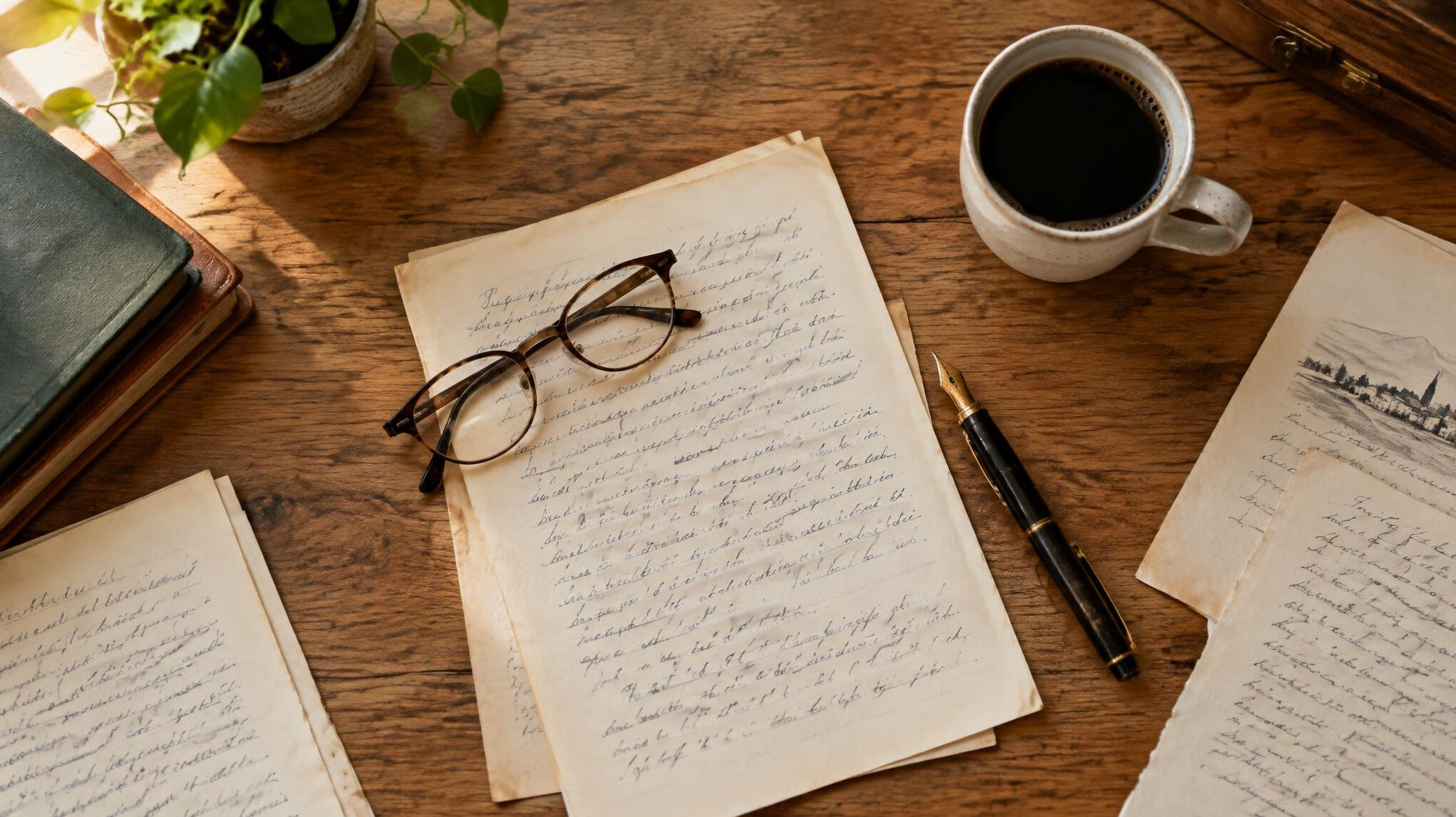 Overhead flat lay of handwritten manuscript pages, glasses and a fountain pen on a wooden desk
