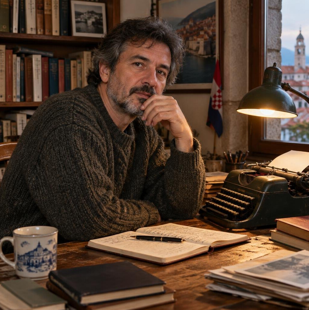 Croatian male author sitting at a wooden writing desk surrounded by books and a typewriter