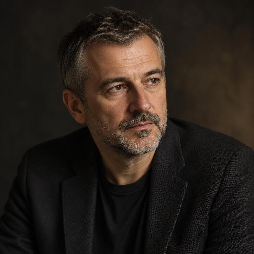Studio portrait of a middle-aged Croatian male writer in a dark blazer, looking thoughtfully to the side